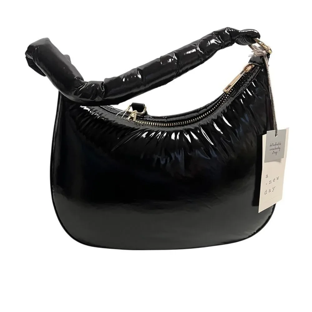 A New Day Black Puffer Hobo Bag with Detachable Crossbody Strap‎ Shiny Soft NEW